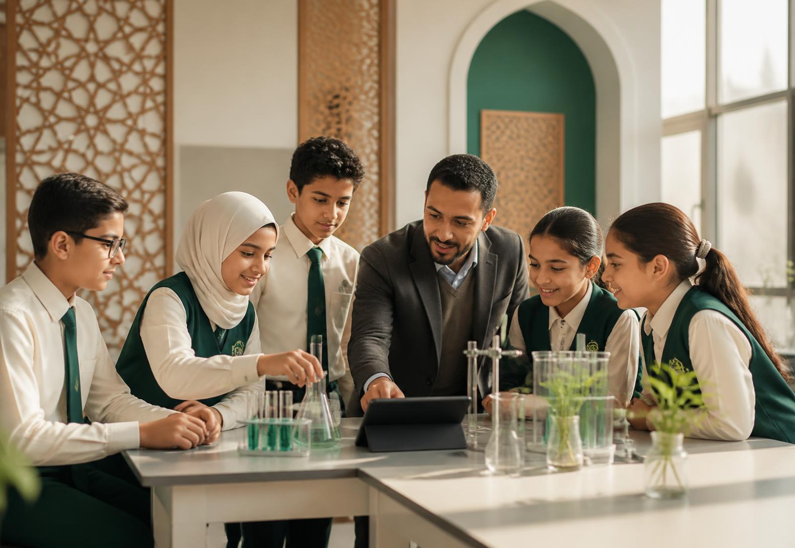 معلم يشرح لطلابه في معمل العلوم بالمعهد